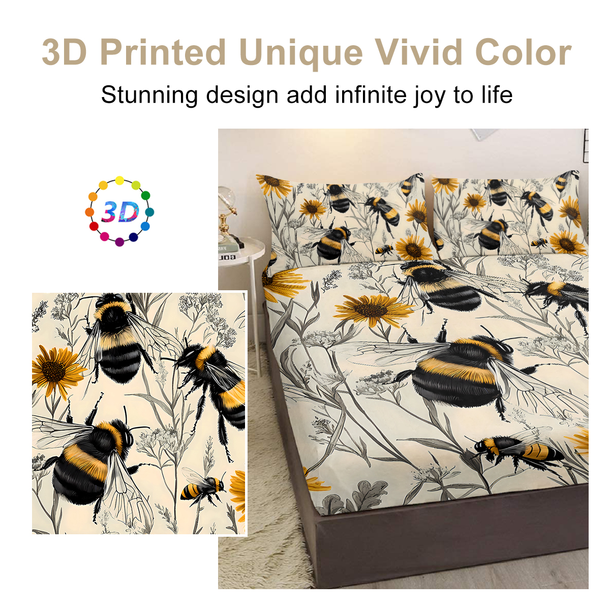 3PCS Botanical Floral Printed Bed Fitted Sheet Set, Yellow Bedding Set, Cute Bee,1 Fitted Sheet, 2 Pillow Cases