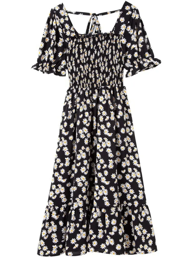 Square Neck Daisy Floral Fairy Dress Black - Shop at LoveMi