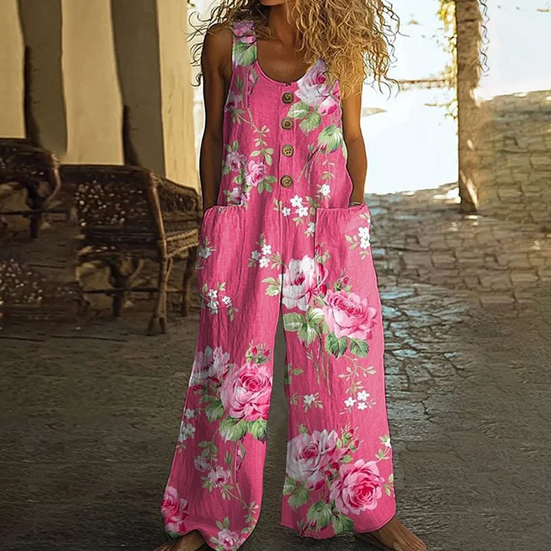 Women's Vintage Floral Jumpsuit Sleeveless Button Front Romper With Pockets, Casual Loose Fit Long Pants Jumper Pattern1 - Shop at LoveMi