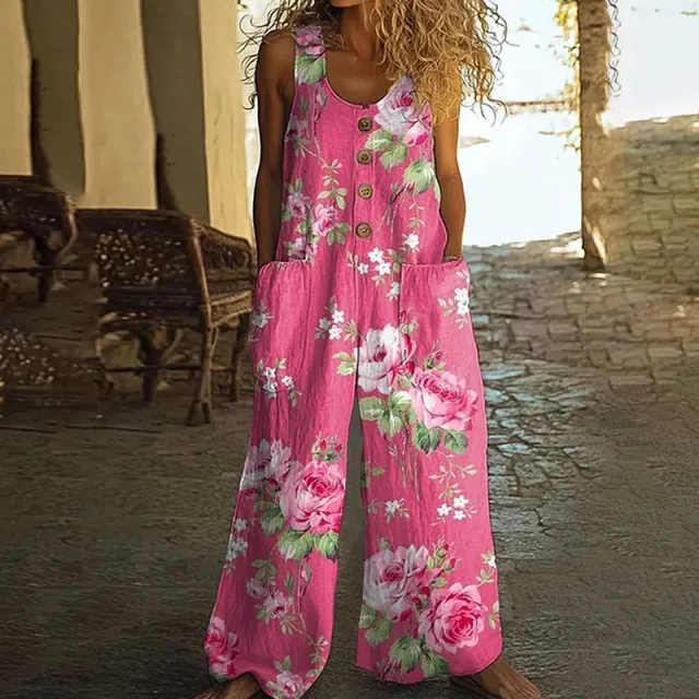 Women's Vintage Floral Jumpsuit Sleeveless Button Front Romper With Pockets, Casual Loose Fit Long Pants Jumper Pattern1 - Shop at LoveMi
