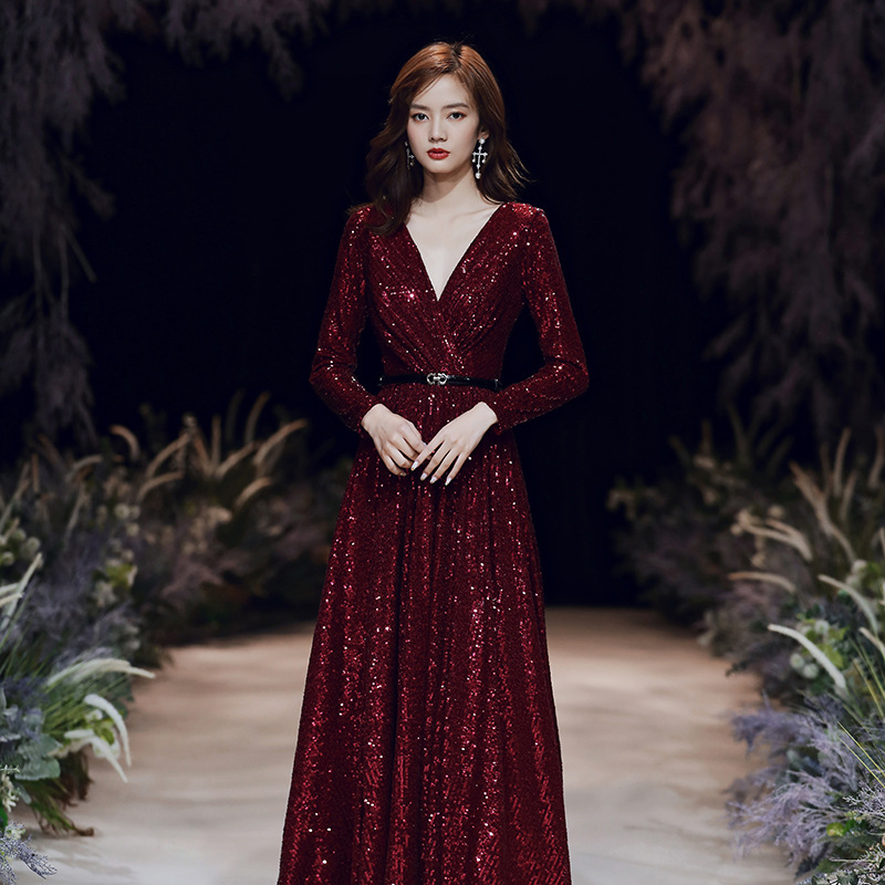 Wine Red Temperament Host Dress Annual Meeting Long Wine Red - Shop at LoveMi