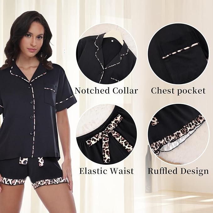 Rongtai Summer Pajamas For Women Set Short Sleeve Button Down - Brown-XL — image 12
