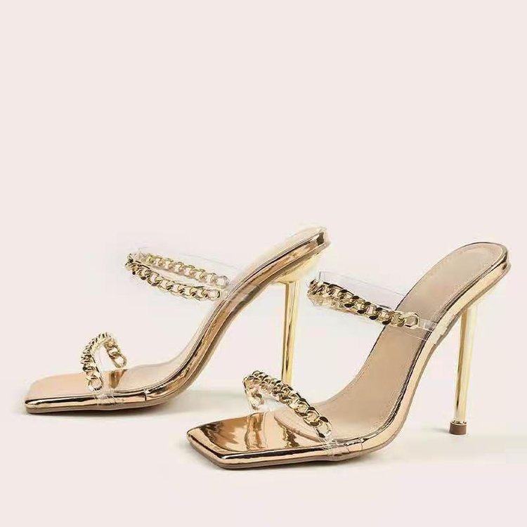 Metal Chain Square Toe Stiletto Heel Sandals