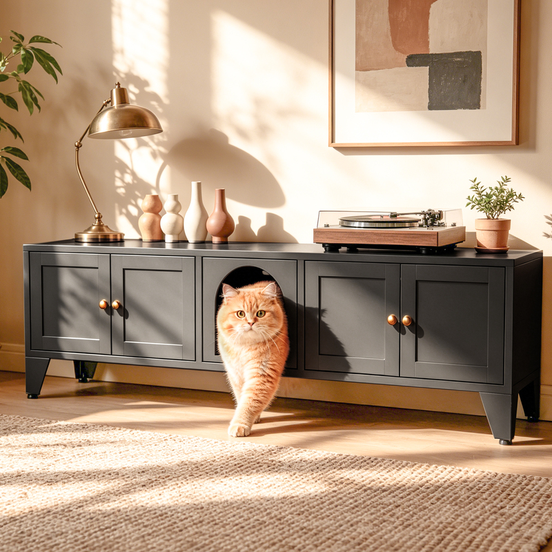 58in Metal Cat Litter Box Enclosure, Hidden Litter Furniture For 2 Cats, Large Indoor Cat House TV Stand Cabinet W Ventilation & 2 Compartments, Black Modern Pet Washroom W Adjustable Legs — foto 5