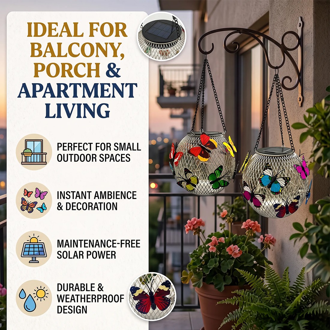 2pcs Hanging Butterfly Pendant Solar Power LED Light Mesh Orb Yard Garden Decor — image 6