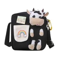 Calf Doll Student Girl Canvas Shoulder Bag - Black - View 1