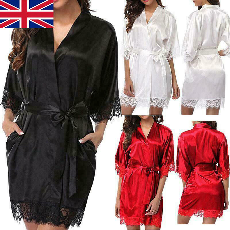 UK Satin Robe Wedding Bride Bridesmaid Kimono Dressing Gown Sleepwear Bathrobe — image 3