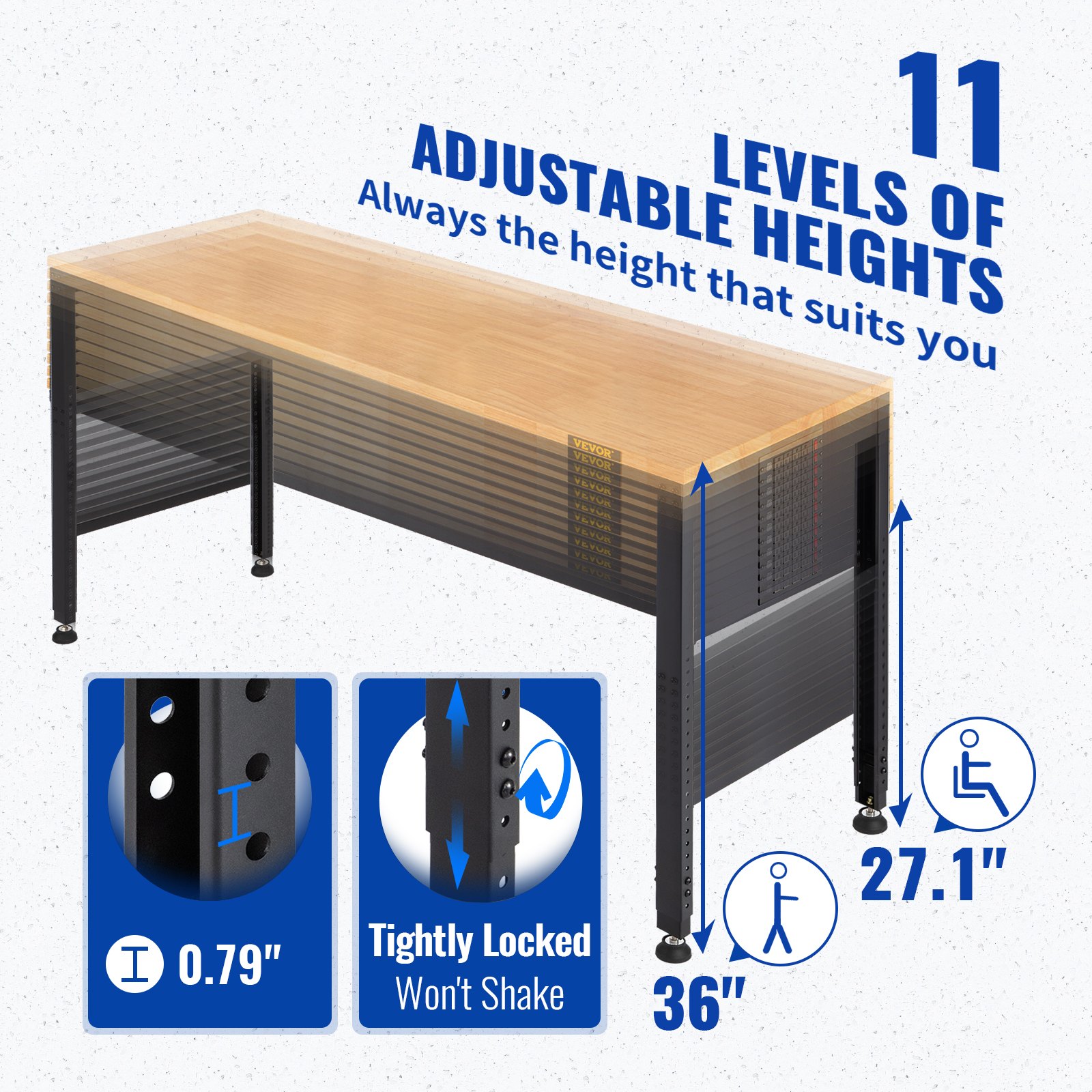 Workbench Adjustable Height, 2000 LBS Load Capacity, With Power Outlets & Hardwood Top & Metal Frame &… image 3