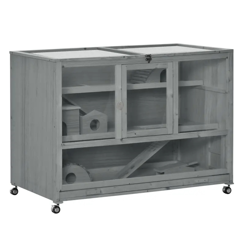 PawHut Wooden 3-Tier Hamster Cage Hutch Box With Ladder Wheels For Small Animals, Dark Gray