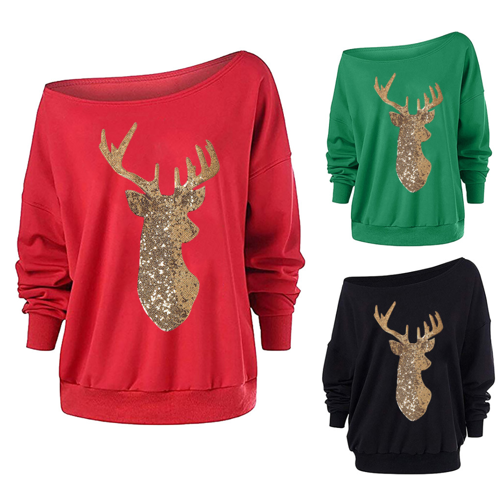 Title 2, Christmas Elk Applique Large Collar Sweatshirt