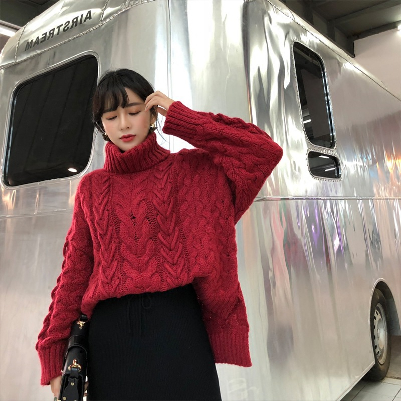 Women's Loose-knit Lazy Wind-profile Coarse Twist Turtleneck Sweater