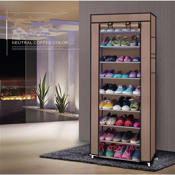 10 Layers of 9-grid Non-woven Fabric Shoe Cabinet in Coffee Color