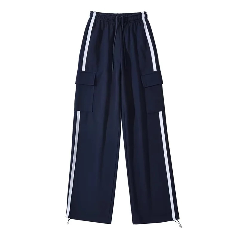 Side Stripe Stitching Women's Drawstring Pocket Casual Pants Bundle Feet Navy - Shop at LoveMi