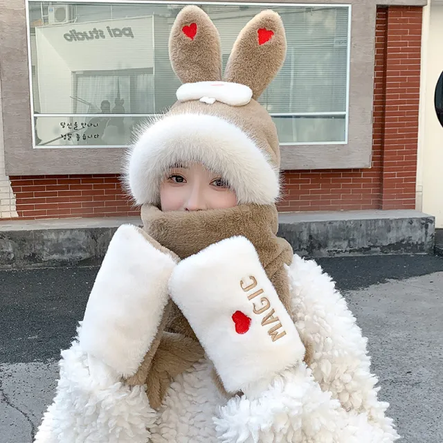 Cute Rabbit Ears Hat One Female Plush Bear Scarf Winter Warm Gloves Three piece Set Brown - Shop at LoveMi