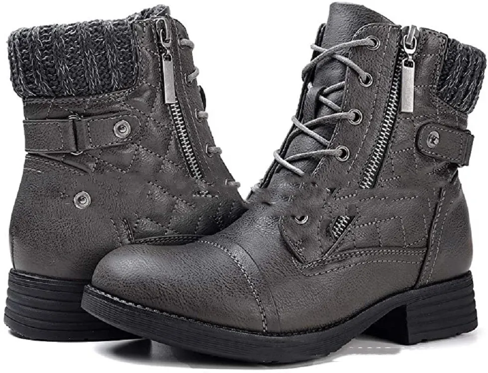 Martin Boots With Lace-up Front And Bare Side Zipper - Grey