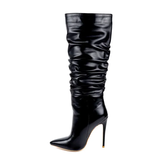 Pleated Pointed Toe Stiletto High Heel High heeled Women's Boots Black - Shop at LoveMi