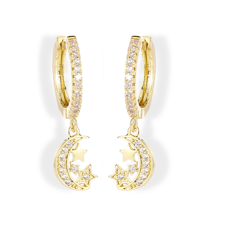 Copper Inlaid Zircon Moon Star Ear Clip Earrings