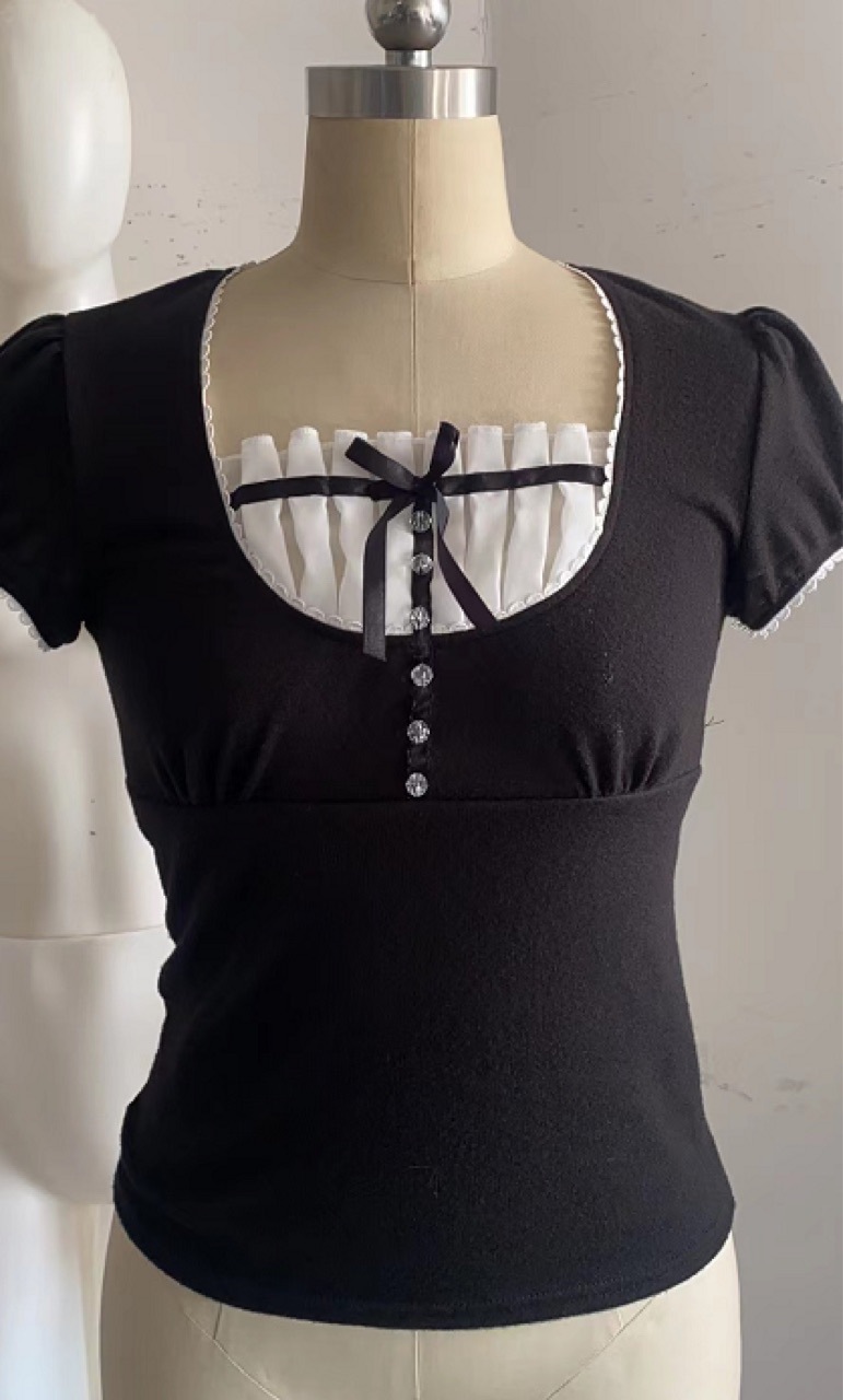 Cotton Slim Type Short Sleeve Solid Color Pullover Square Neck Black Hem T-shirt