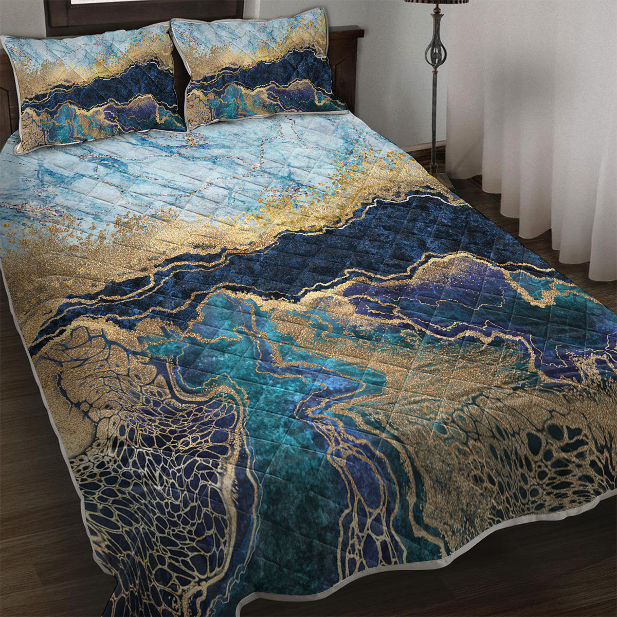 Marble Quilt Set, Blue And Gold Marble Bedding 3 Pieces, 1 Quilt & 2 Pillow Cases, Luxury Marble Bed Set