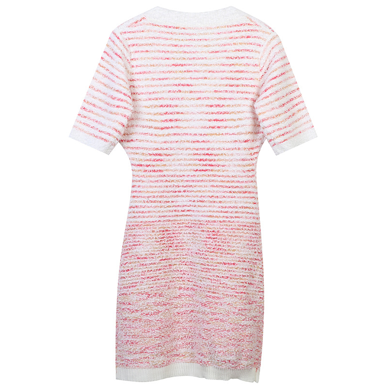 Knit Cardigan Dress Crew Neck Striped Diamond Slim Fit