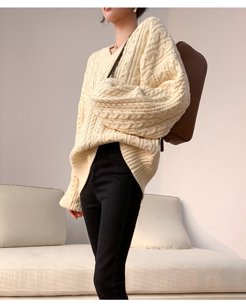 Women's Thick Twist V-neck Knitted Sweater