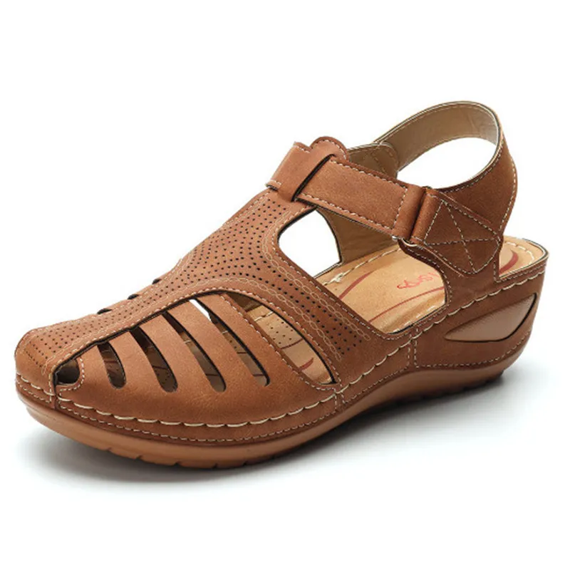 Women's Plus Size Retro Sandals Round Toe Wedge Sandals - Brown