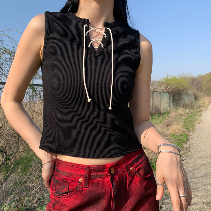 Women's Vintage V-Neck Strap Solid Color Threaded Tank Top