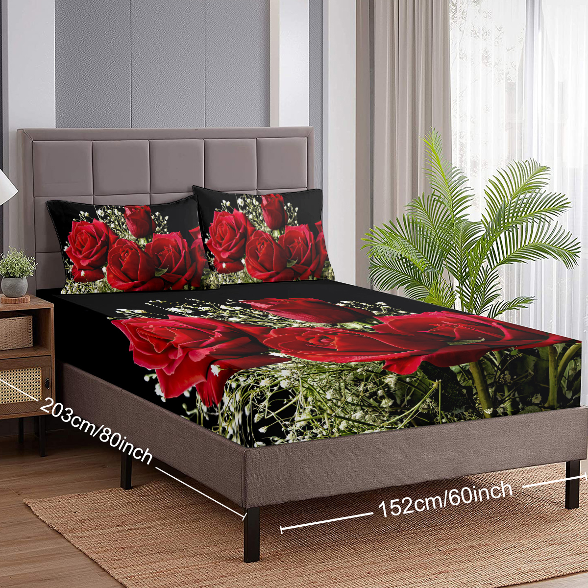 3pcs Rose Floral Bed Sheet, Microfiber Flower Bedding Sheet Set, Red Black Bedding Sheet Set With 1 Fitted Sheet And 2 Pillowcases