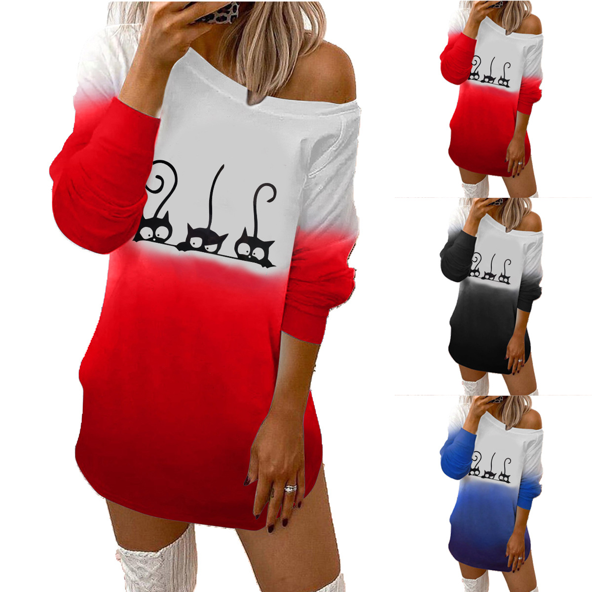 Fashion Top Round Neck Strapless Fun Cat Print