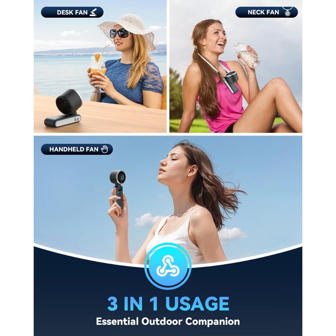 Portable Handheld Turbo Fan, USB-C Rechargeable, 5-Speed Cooling Fan, 12H Runtime, 3-in-1, Black — foto 4