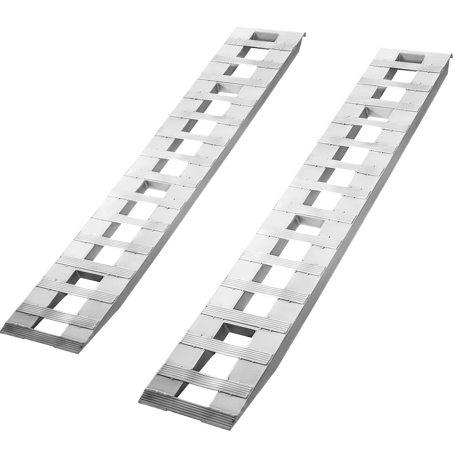 Side profile view of VEVOR 84x14x2.5 inch aluminum loading ramp showing low loading angle