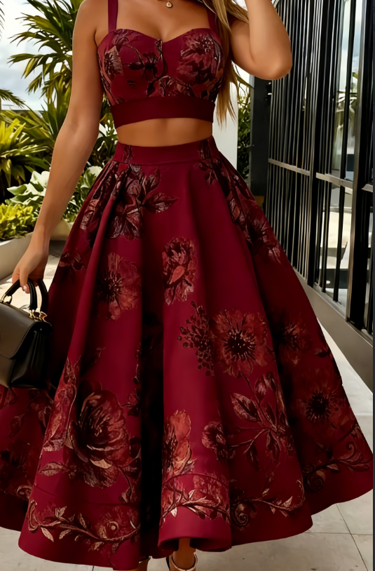 Retro Red Rose Print Strapless Two-piece Set, High-waisted Flared Skirt, Women's Suspender Short Top Set