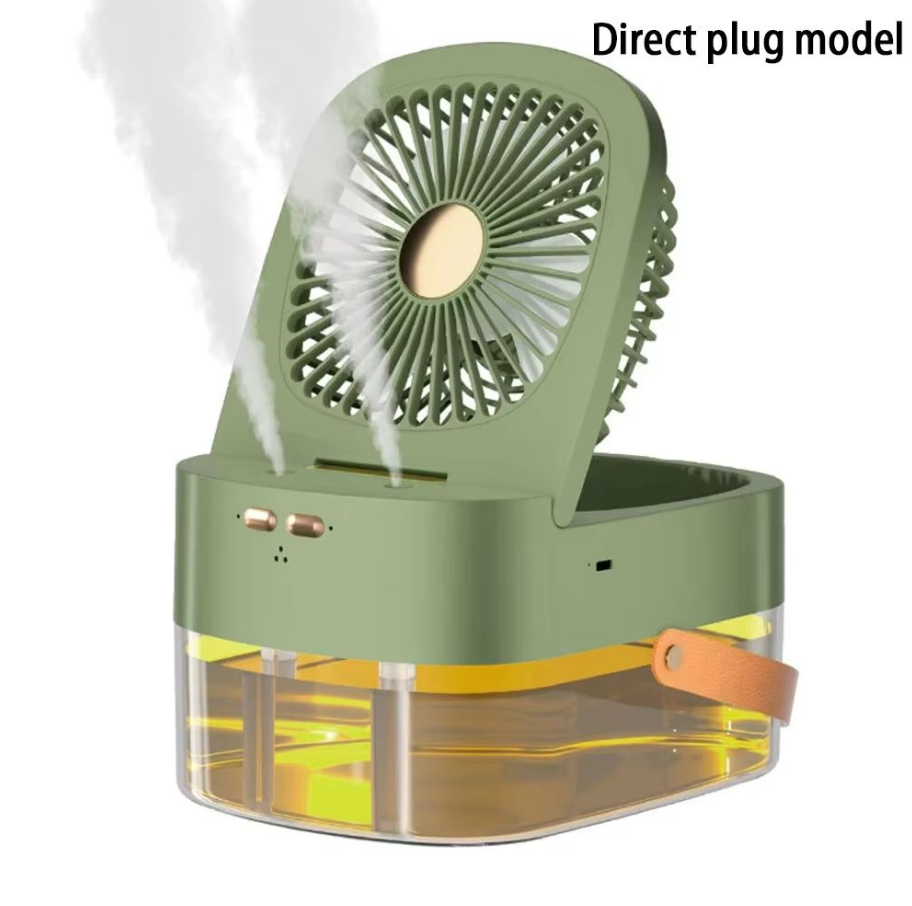Green White USB Fan 3 Speed Rechargeable & Plug-in Foldable Fan With Humidification Spray Night Light Remote Control Timer