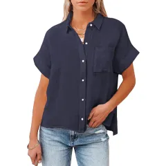 Women's Summer New Cotton Linen Short Sleeve Casual Shirts - Navy - View 1
