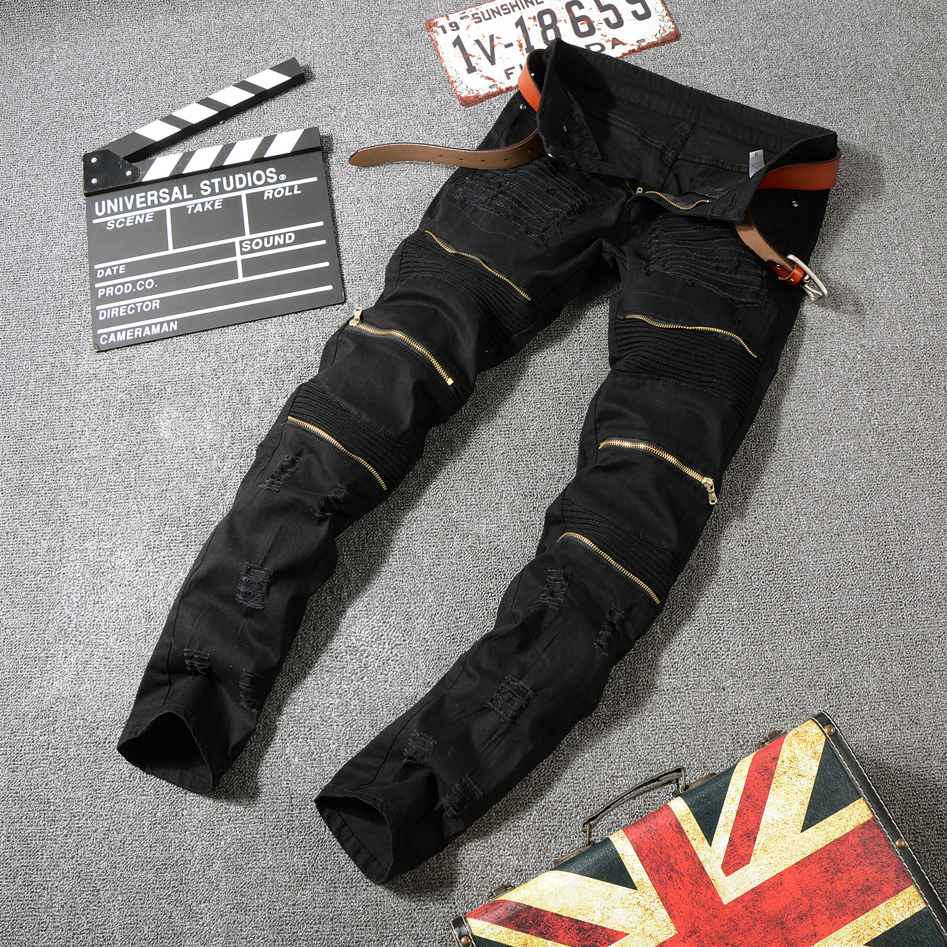 Title 4, Mens Ripped Feet Trousers European Stand Slim ...