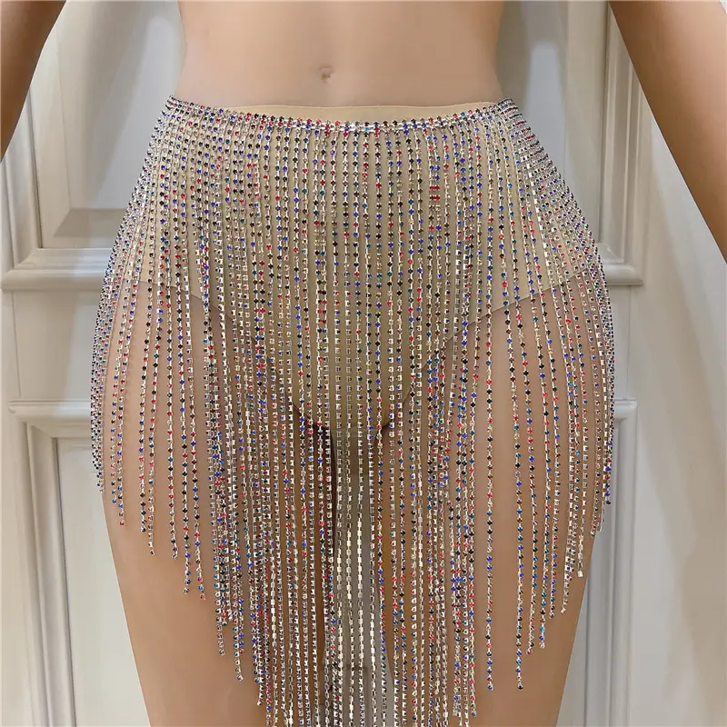 Exaggerated Rhinestone Long Fringe Belly Dance Waist Chain