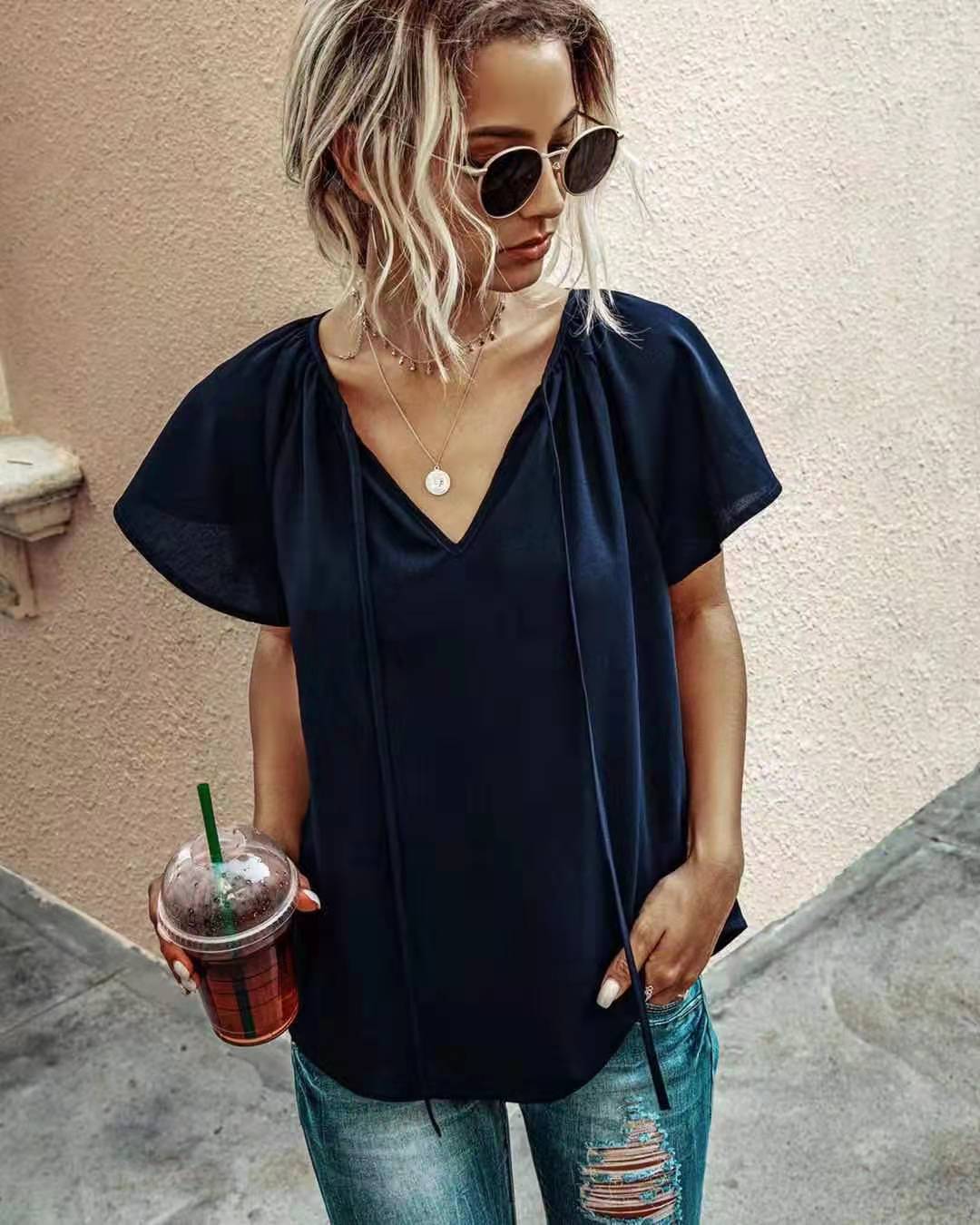 Cross border Foreign Trade Print Lotus Leaf Sleeve V neck Floral Blouse Style C - Shop at LoveMi