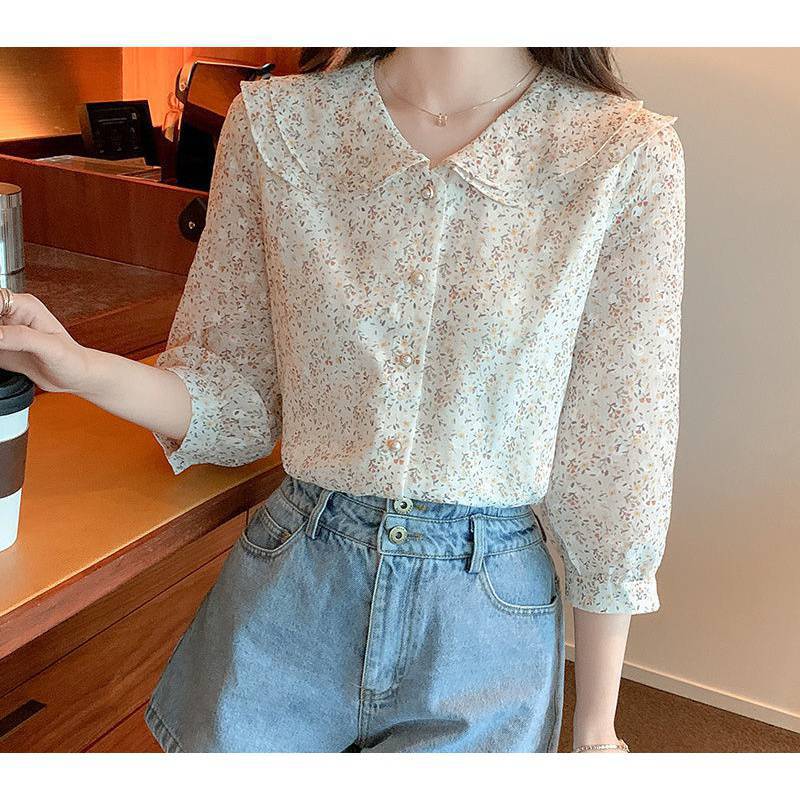 Doll Collar Short Sleeve Floral Shirt Women
