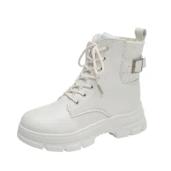 British Style Warm Fur Boots With Thick Heels - Beige - View 1