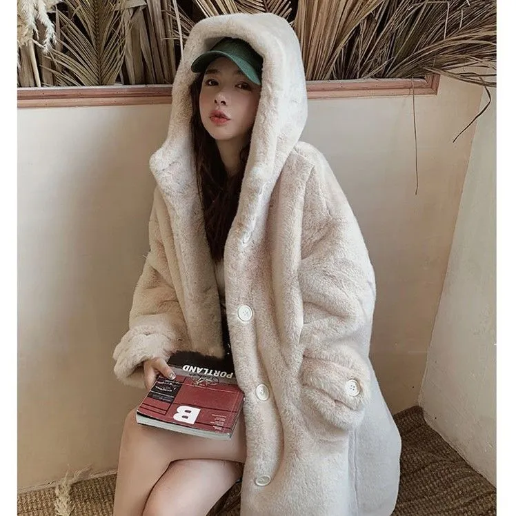 Winter New Hooded Thick Cotton Faux Fur Jacket - White