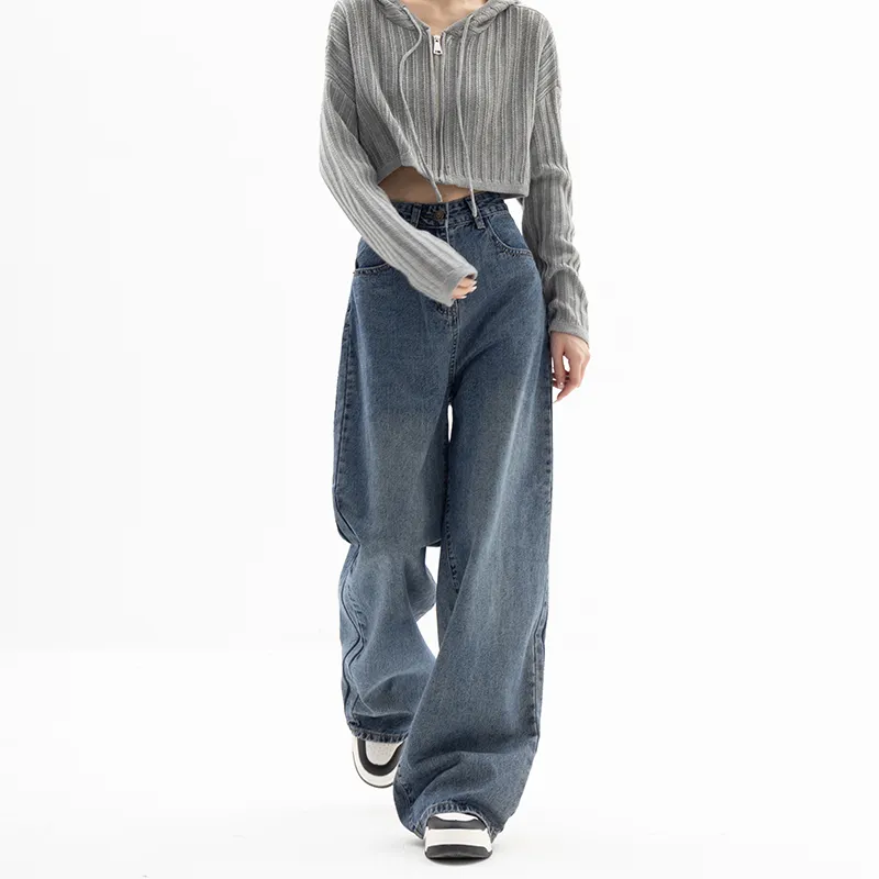 Straight Tube Loose Wide Leg Pants Blue Jeans Woman - Blue