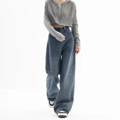 Straight Tube Loose Wide Leg Pants Blue Jeans Woman - Blue - View 1