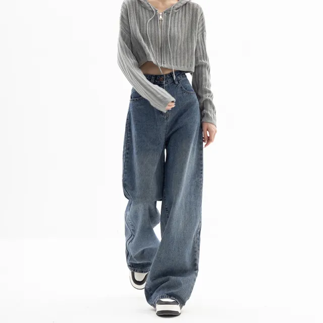 Straight Tube Loose Wide Leg Pants Blue Jeans Woman Blue - Shop at LoveMi