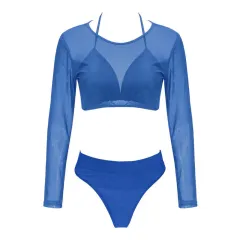 New European And American Split Swimsuit Mesh Bikini - Blue - View 1