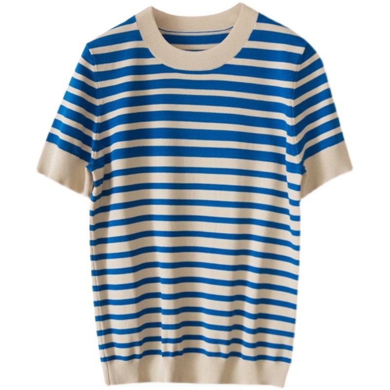 Ice Silk Sweater New Loose Round Neck Striped T-shirt Top Women