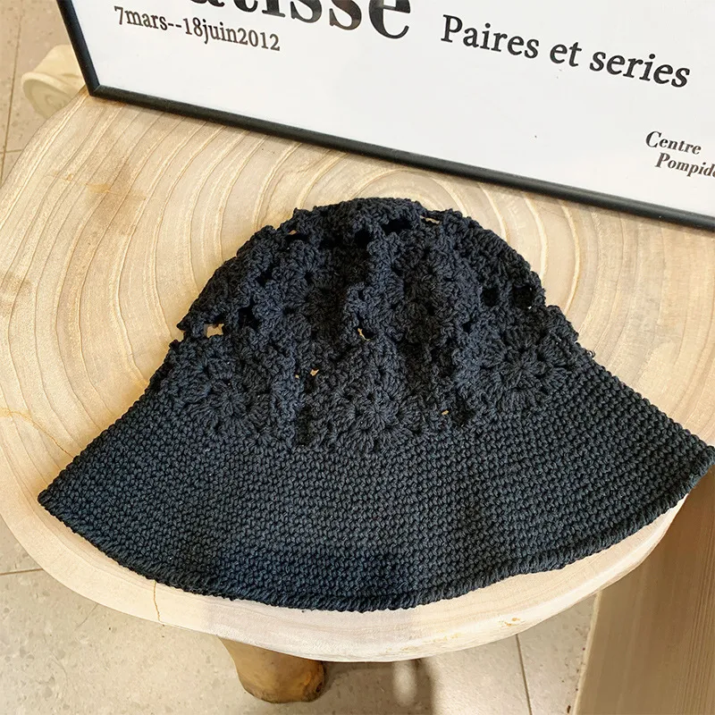 Summer Sun Protection Retro Handmade Knitted Hat Women - Black