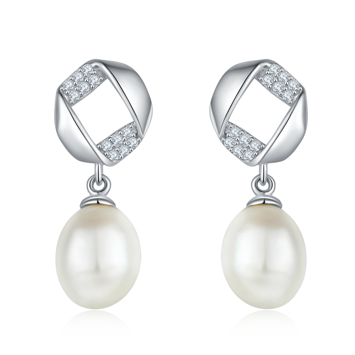 S925 Sterling Silver Natural Freshwater Pearl Dangle Earrings Geometric Pave Drop Pearl Platinum Plated 1.4g Gift Box