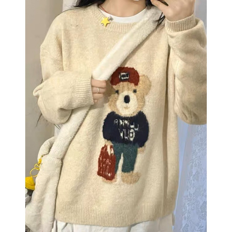 Autumn And Winter Loose Leisure Style Cartoon Bear Pullover Sweater For Women