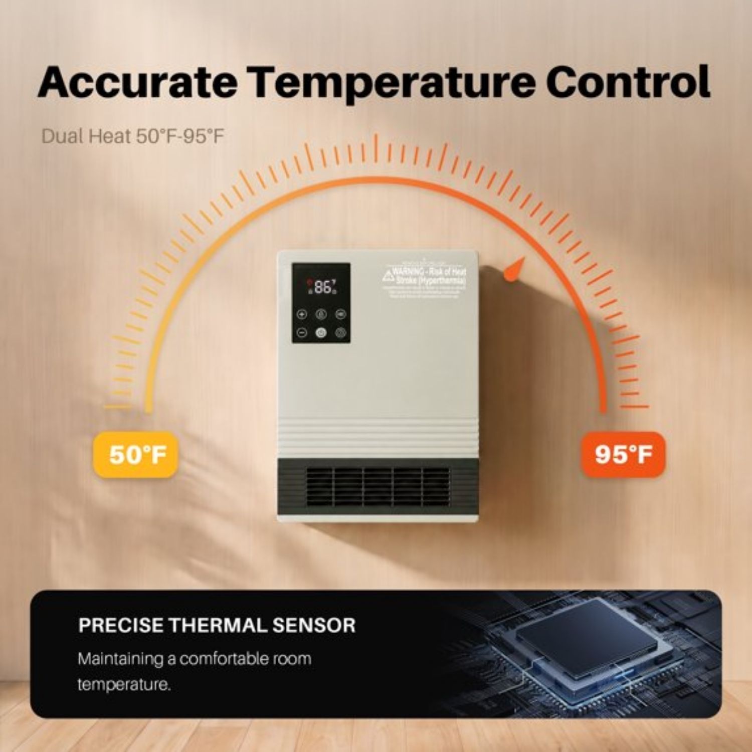 Wall Heater, Touchscreen, Remote Control, Adjustable Thermostat, 15-Hour Timer, Dual Heat Settings, Overheat Protection, Child Lock image 14