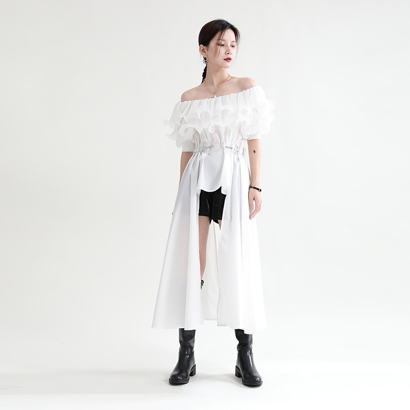 Title 2, Ruffled Pleated Chiffon Panel Shirt Dress